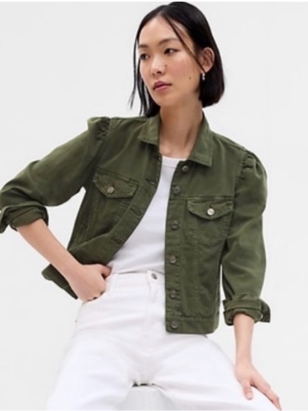 GAP Olive Green Denim Jacket with Puff Sleeves